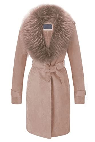 Bellivera Women's Faux Leather Trench Coat with Fleece Lining and Detachable Collar — Light Brown