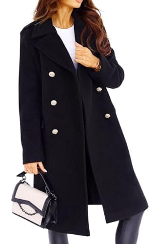 CHARTOU Women's Warm Double-Breasted Wool Blend Winter Trench Coat — Black