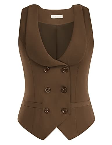 Belle Poque Women's Double Breasted Waistcoat with Vintage Lapel Collar & 2 Pockets — Dark Brown