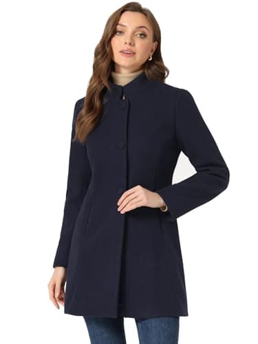 Allegra K Women's Mid-Long Winter Stand Collar Overcoat — Navy Blue
