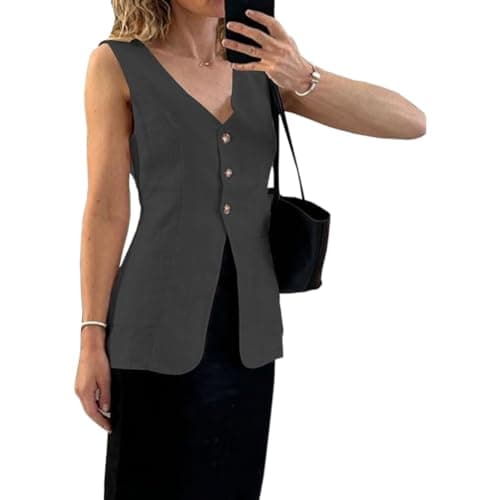 Melliflo Women's Summer Linen V-Neck Button Down Sleeveless Vest with Pocket — Black