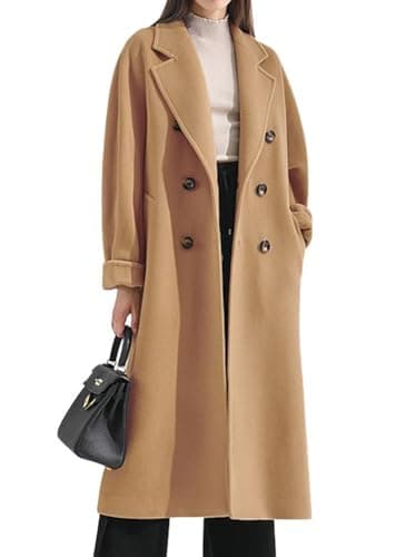 Chouyatou Women's Wool Double Breasted Midi Trench Coat with Belt — Camel