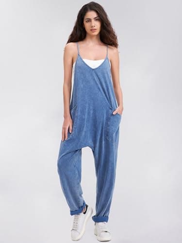 EXLURA Women's Casual Summer Denim Jumpsuits with Pockets Beach Romper