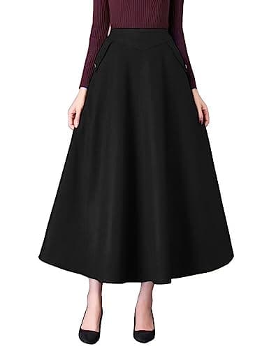 Ylingjun Women's High Waisted Flared Wool Skirt for Winter and Fall — Pure Black