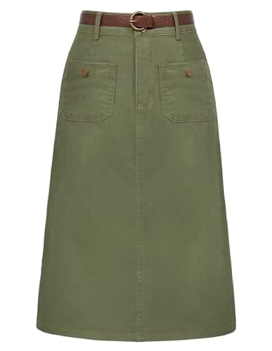 High Waisted Denim Skirt with Belt for Women — Army Green Denim