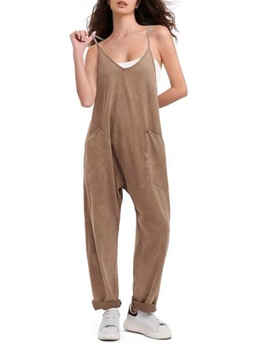 EXLURA Women's Casual Summer Denim Jumpsuits with Pockets Beach Romper — Khaki