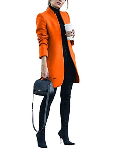Kwoki Women's Stand Collar Open Front Pea Coat Winter Warm Blazer Trench Coat — Orange