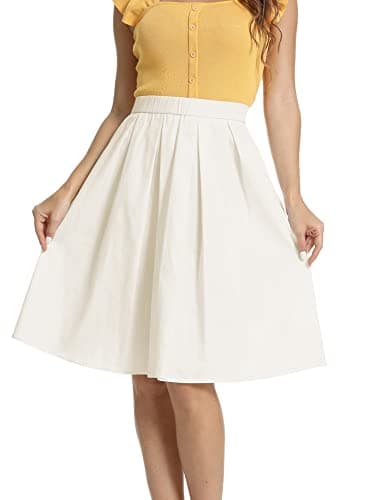 Tandisk Women's Vintage Printed Flared Midi Skirt with Pockets — White