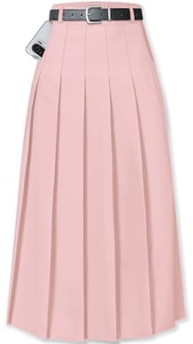Cromoncent Womens High Waist Pleated Long Skirt with Pockets — Pink