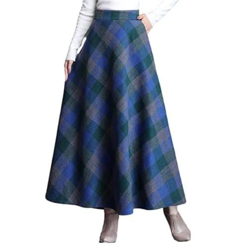 BININBOX Women's Vintage Plaid Maxi Wool Skirt Elastic Waist — Blue