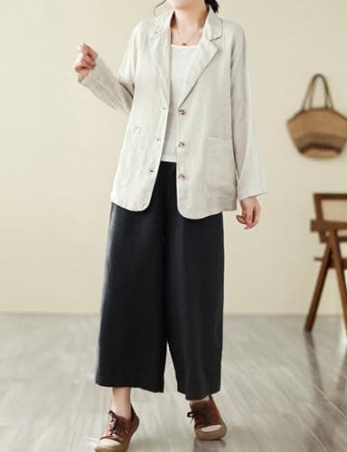 Womens Cotton Linen Blazer Casual Lightweight Suit Jackets
