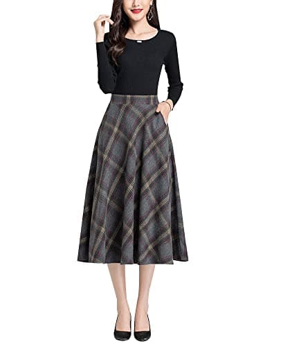 Artykey Women's High Waist Warm Plaid Wool Maxi Skirt S-3XL — F Grey Length 76cm