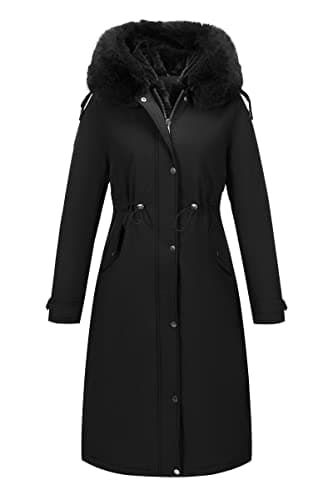 RISISSIDA Women's Warm Puffer Coat with Long Fur Collar Cold-Resistant — Heavy Long Parka-black-with Detachable Built-in Long Fur Collar