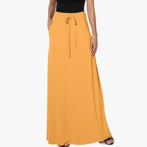 Womens High Elastic Maxi Drawstring Ankle Length Skirts Solid Pockets — Orange