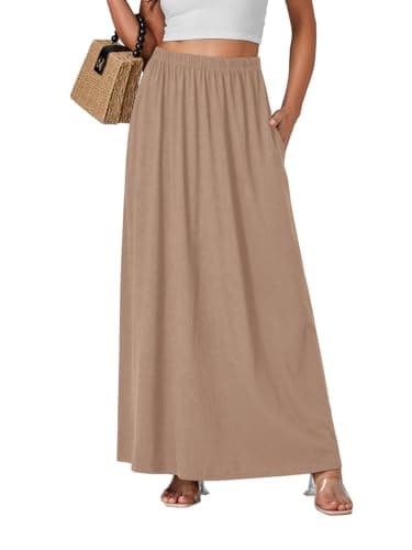 Vrtige Women's Casual High Waist Flowy Hem A-Line Maxi Skirt with Pockets — Khaki