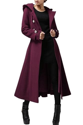 Cicy Bell Women's Winter Warm Long Double-Breasted Hooded Wool Trench Coat with Belts — Burgundy
