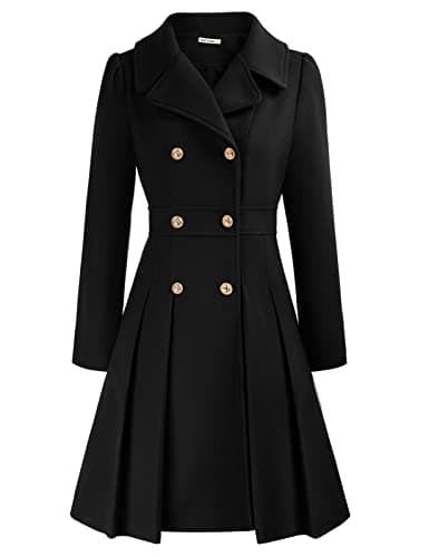 GRACE KARIN Women's Trench Coat Notch Lapel Double Breasted Pea Coat Jacket — Black