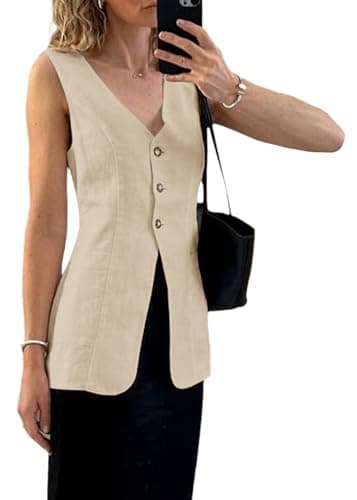 Mina Self 2025 Women's Breathable Linen V-Neck Long Casual Vest — Beige