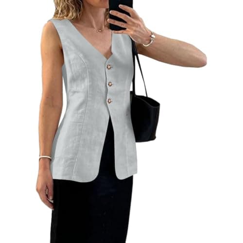 Melliflo Women's Summer Linen V-Neck Button Down Sleeveless Vest with Pocket — Gray