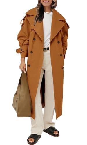 Womens Oversized Long Trench Coat Double Breasted Windproof Belted Overcoat — Brown