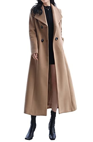 PENER Women's Classic Long Wool Trench Coat Winter Thick Double Breasted Jacket — Camel Long- Style 2