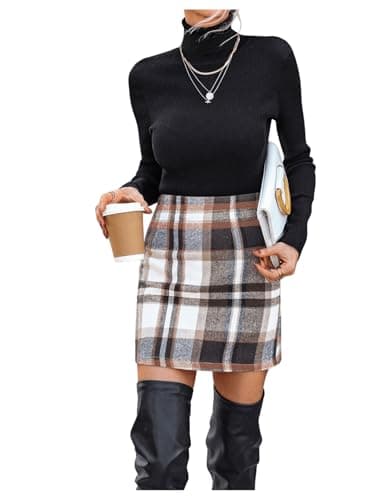 WDIRARA Women's Casual High Waist Plaid Stretch Skirt
