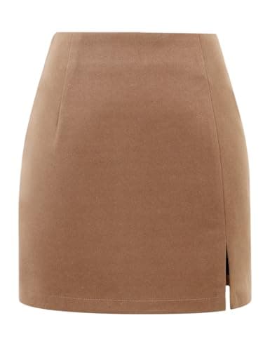 High Waisted Wool Plaid Mini Skirt with Slit for Women by IDEALSANXUN — Pure Camel