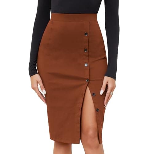 Byinns Women's High Waist Plaid Midi Work Skirt with Button Slit — Caramel
