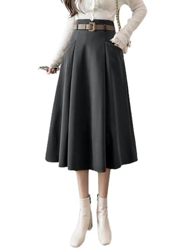 IDEALSANXUN High Waisted Wool Midi Pleated Skirts for Women Fall Winter — Dark Grey