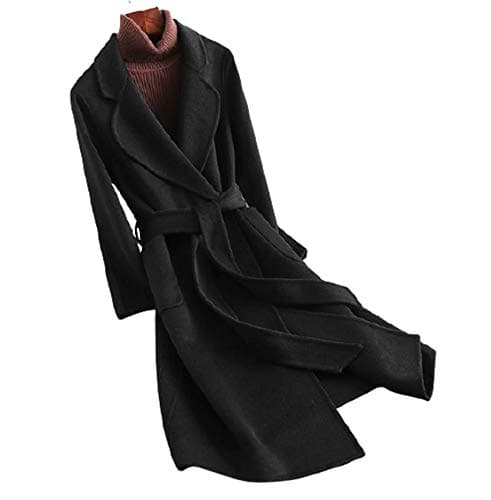 XMZFQ Women's Wool Trench Coat Solid Color V-Neck Slim Warm Overcoat — Black