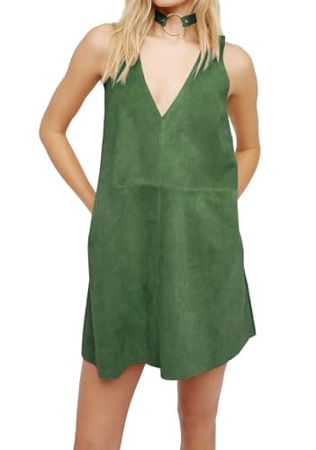 R.Vivimos Women's Fall Faux Suede V-Neck Overall Dress with Pockets — Armygreen