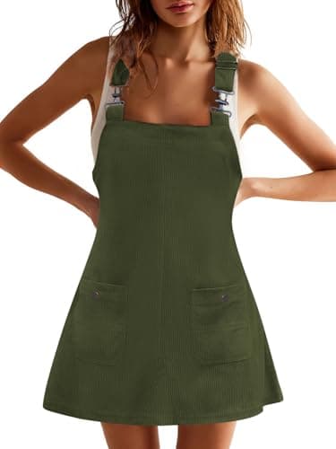 COCCKO Women's Adjustable Strap Corduroy Overall Mini Dress with Pockets Summer Fashion — Dark Green
