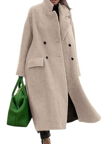 Women's Long Wool Double Breasted Pea Coat Notched Lapel — Apricot