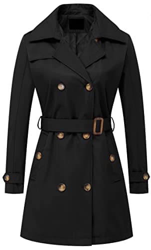 Chrisuno Women's Mid-Length Double Breasted Trench Coat with Hood — Black Padding Lined
