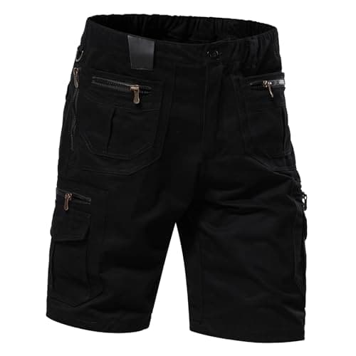 Mylldey Mens Regular Fit Elastic Waist 12 Pockets Cotton Cargo Shorts — Black