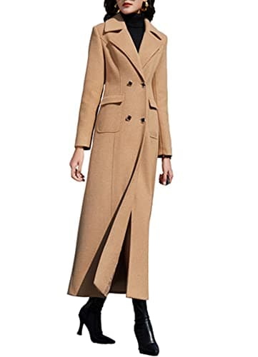PENER Women's Classic Long Wool Trench Coat Winter Thick Double Breasted Jacket — Camel-suit Collar- Style 6