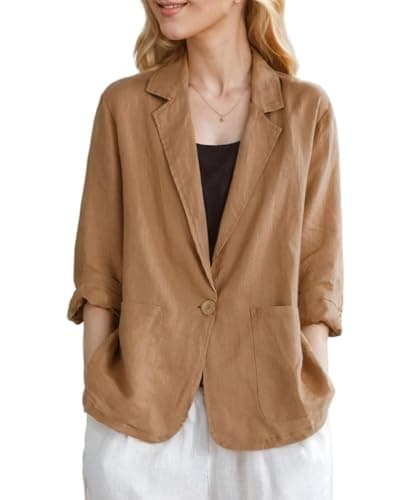 YOUNIFIZ Women's Linen 3/4 Sleeve Notch Lapel Summer Casual Blazer Jackets with Pockets — B_coffee