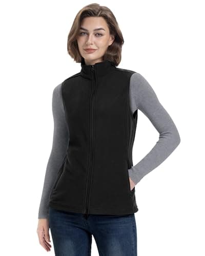 Women's Lightweight Warm Polar Fleece Vest with Zip Pockets for Winter — Black
