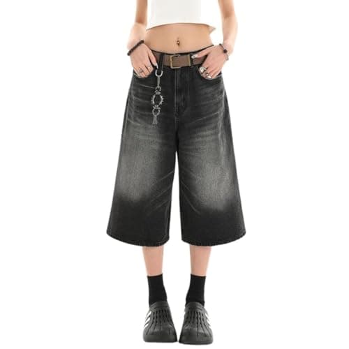 Chmnigma Wide Leg Low Waist Cropped Jeans for Men & Women Grunge Summer Denim Pants — Black