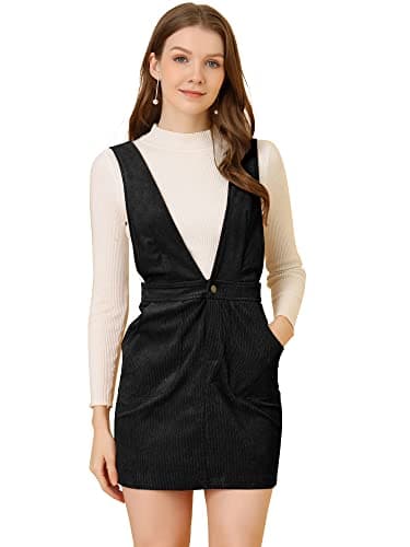 Allegra K Women's Corduroy V-Neck Mini Pinafore Dress — Black
