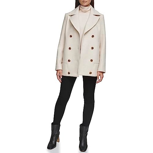 Kenneth Cole Women's Double Breast Wool Coat with Notch Collar Button Details — Button Beige
