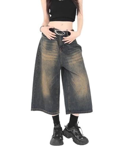 Chmnigma Wide Leg Low Waist Cropped Jeans for Men & Women Grunge Summer Denim Pants — Blue1