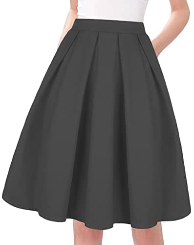 Tandisk Women's Vintage Printed Flared Midi Skirt with Pockets — Grey
