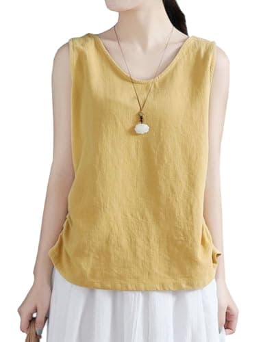 IDEALSANXUN Women's Linen Tank Tops Vest Shirt Lightweight V-Neck Casual — Yellow