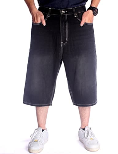 IDEALSANXUN Men's Baggy Casual Long Denim Jorts Shorts Loose Fit Trendy Styles — Black 024