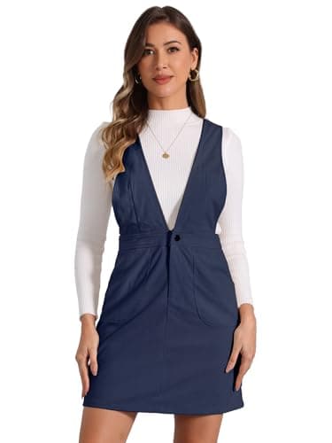 Allegra K Women's Corduroy V-Neck Mini Pinafore Dress — Navy Blue