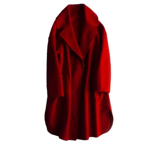 Women's Autumn Winter Wool Pea Coat with Lapel Double Breasted Midi Overcoat — Red