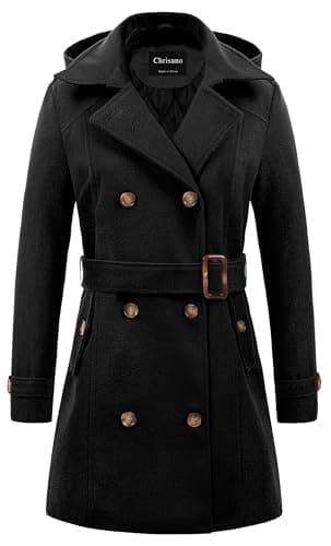 Chrisuno Women's Double Breasted Hooded Pea Coat — Black-thickened