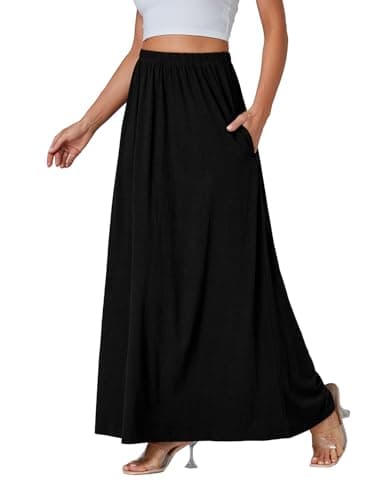 Vrtige Women's Casual High Waist Flowy Hem A-Line Maxi Skirt with Pockets