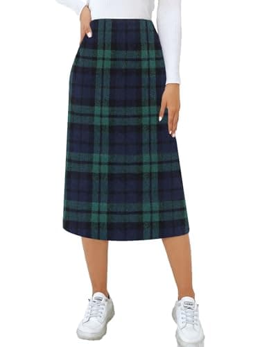 CYCLAMEN Women's High Waisted Wool A Line Midi Plaid Skirt — B Dark Green